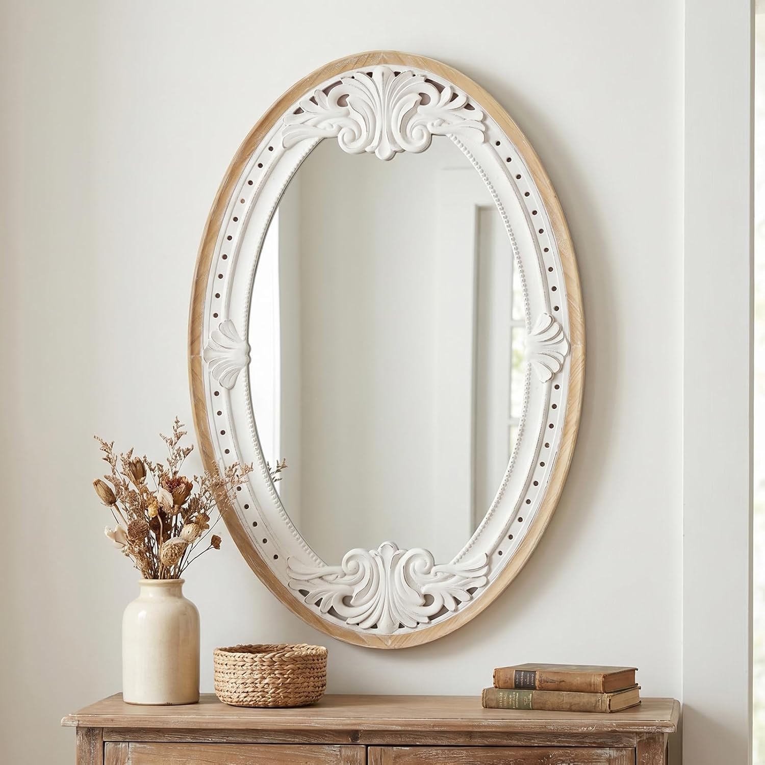 H HOMEWINS Oval Mirrors for Wall,20x30 Oval Wooden Rustic Farmhouse Carved Antique Boho Nature Vintage Decorative Mirror for Bedroom, Bathroom, Living Room,Vanity