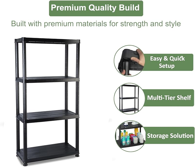 HOMION 4 Tier Shelving Unit Plastic Storage Unit Warehouse Garden Plastic Storage Shelves for Garage Lightweight Plastic Shelving Units for Storage Garages Sheds Plastic Racking Shelving (4 Tier) 1 4 Tier