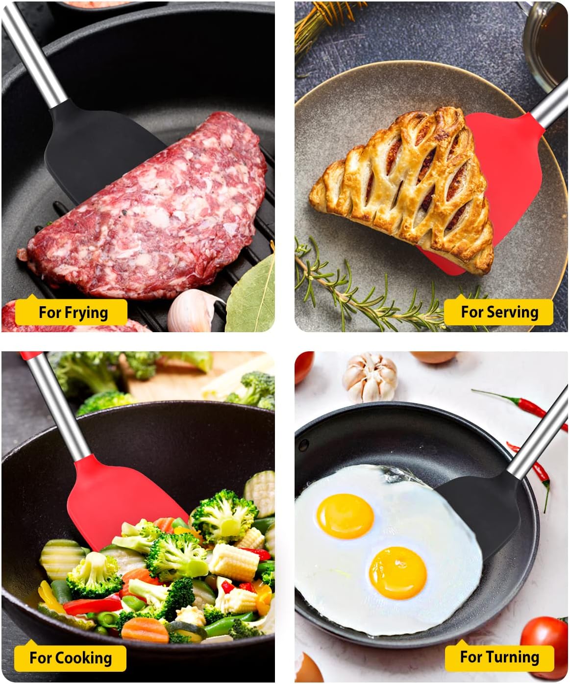 Pack of 2 Silicone Spatula, Non Stick Solid Kitchen Turner, High Heat Resistant BPA Free Cookware for Fish, Eggs,Meat,Pancakes (Black-Red)