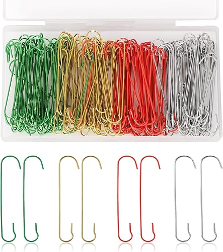 200 ganchos para adornos de Navidad, 2.4 x 0.5 pulgadas, ganchos para adornos de árbol de Navidad en forma de C con caja de almacenamiento, ganchos