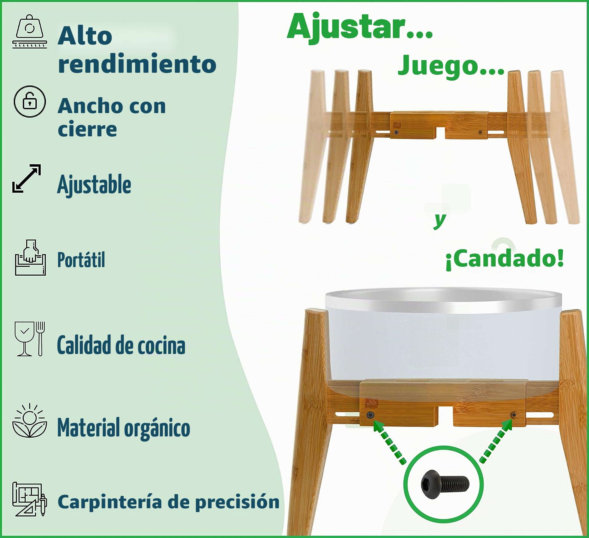 Soporte Ajustable para Cuenco de Perro – Soporte Elevado para Cuenco de Comida – Ancho (Extensible de 7 a 10 Pulgadas) – Bambú Natural