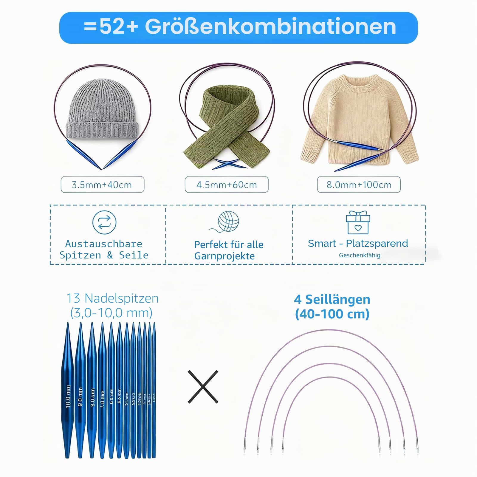 KOSLEOW Rundstricknadeln Set Austauschbar, 13 Paar Wechselnadelspitzen 3,0-10,0mm mit 40/60/80/100cm Rundstricknadel Kabel, Austauschbare Stricknadeln aus Aluminium, Blau, Aufbewahrungstasche