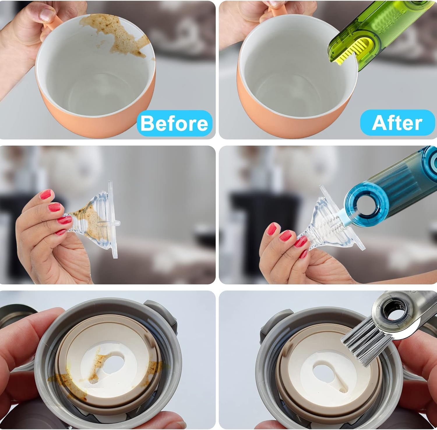 Spefez 2Pcs 3-in-1 Cup Lid Cleaner Brush Set, Multifunctional Mini Cup Bottle Cleaning Brush, Cup Cover Lid Cleaner, Kitchen Washing Tool, Mini Cleaner for Travel and Home(Cap Brush)-Multi Color 1