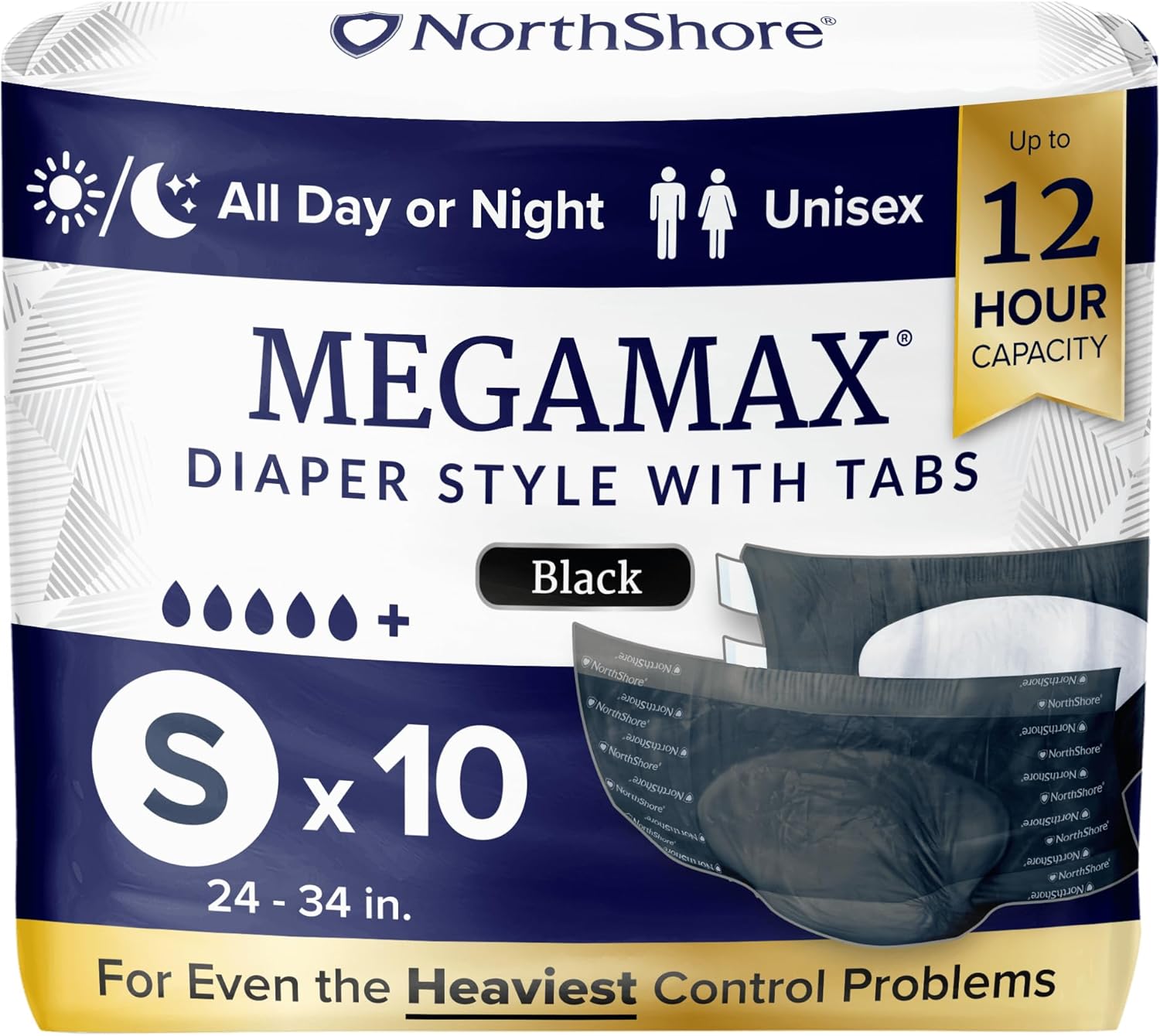 NorthShore MegaMax Adult Overnight Diapers, 12-Hour Tab-Style, Small, 10 Count Bag, Black, 24-34 inches, Unisex Incontinence Underwear