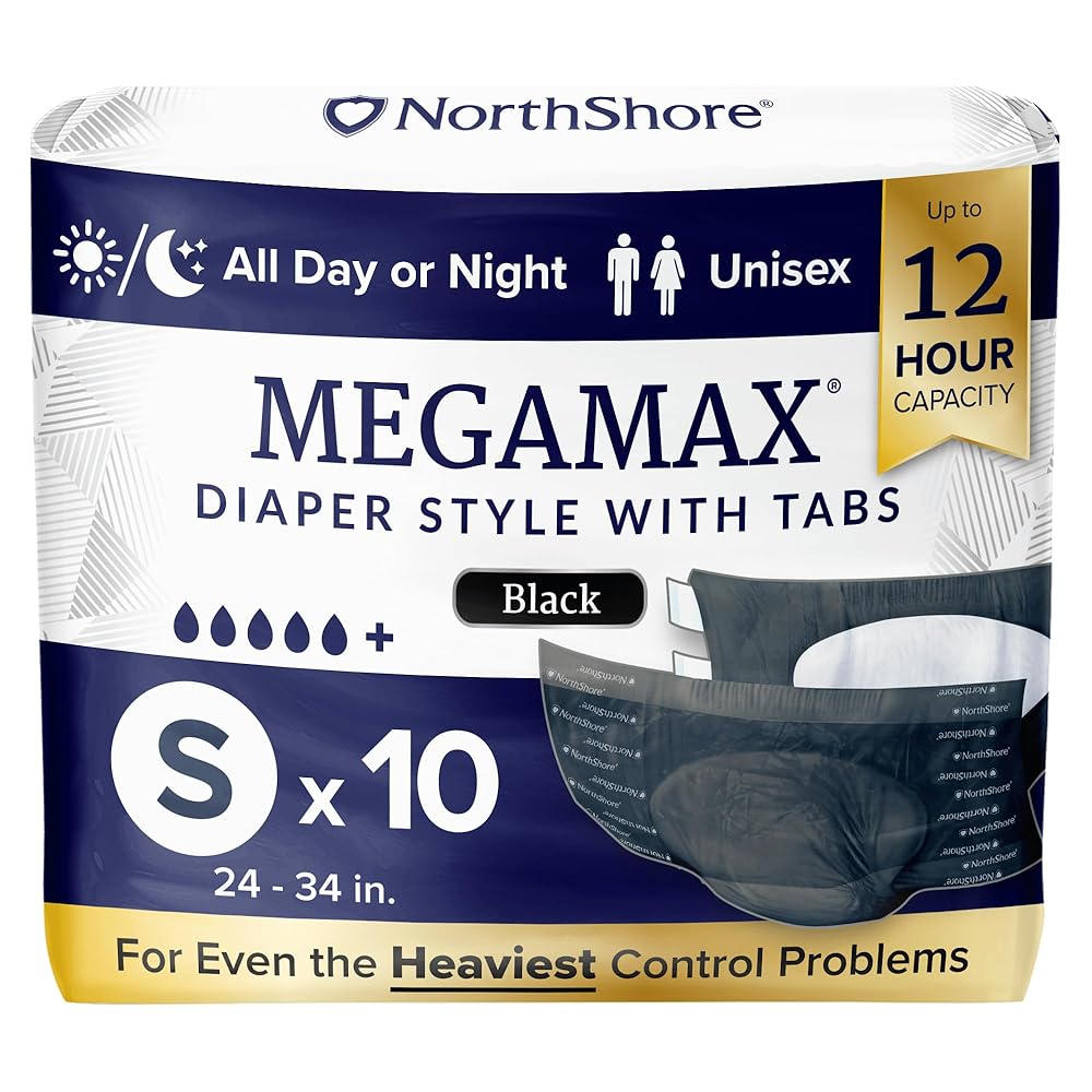 NorthShore MegaMax Adult Overnight Diapers, 12-Hour Tab-Style, Small, 10 Count Bag, Black, 24-34 inches, Unisex Incontinence Underwear