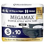NorthShore MegaMax Adult Overnight Diapers, 12-Hour Tab-Style, Small, 10 Count Bag, Black, 24-34 inches, Unisex Incontinence Underwear