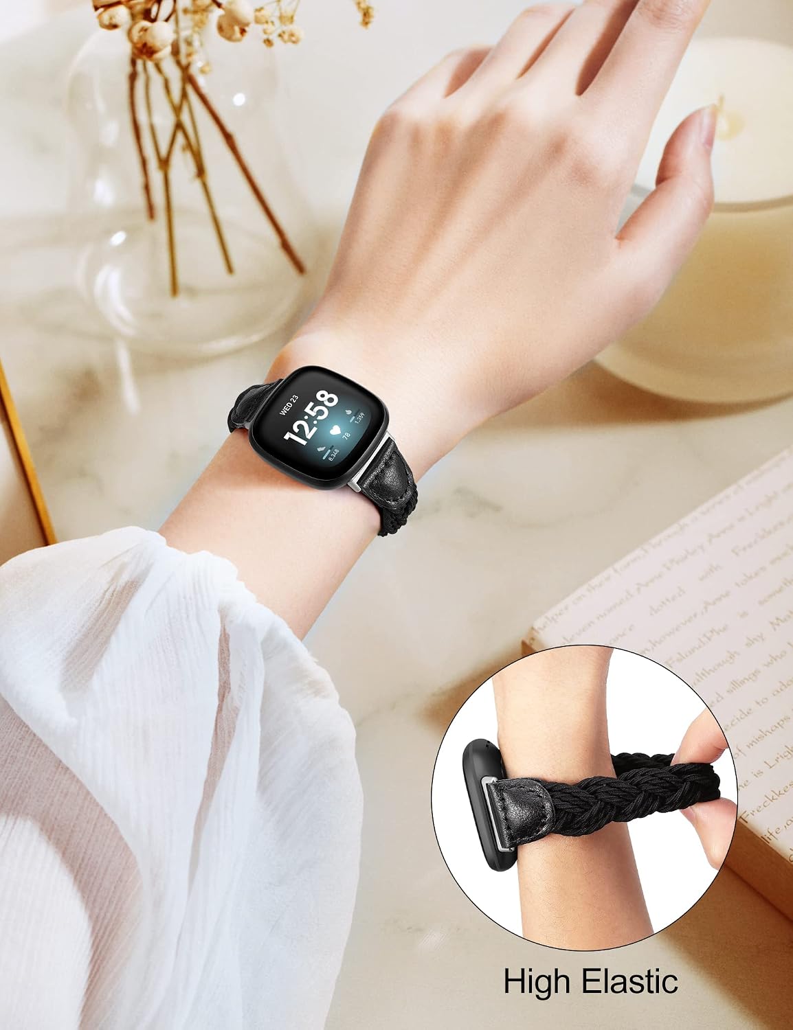 Minyee Braided Bands Compatible with Fitbit Versa 3/Fitbit Sense Band for Women, Elastic Solo Loop Stretchy Designer Nylon Wristband Cute Woven Replacement Bracelet Accessories for Versa 3/Sense Watch