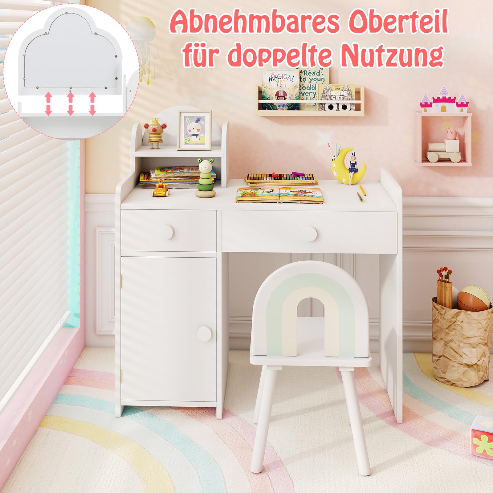 DREAMADE 2 in 1 Schminktisch Kinder, Kinderschminktisch mit abnehmbarem Spiegel & Hocker, Prinzessin Frisiertisch aus Holz mit Regal Schubladen Schrank, Kinder Schminktisch für Mädchen ab 3
