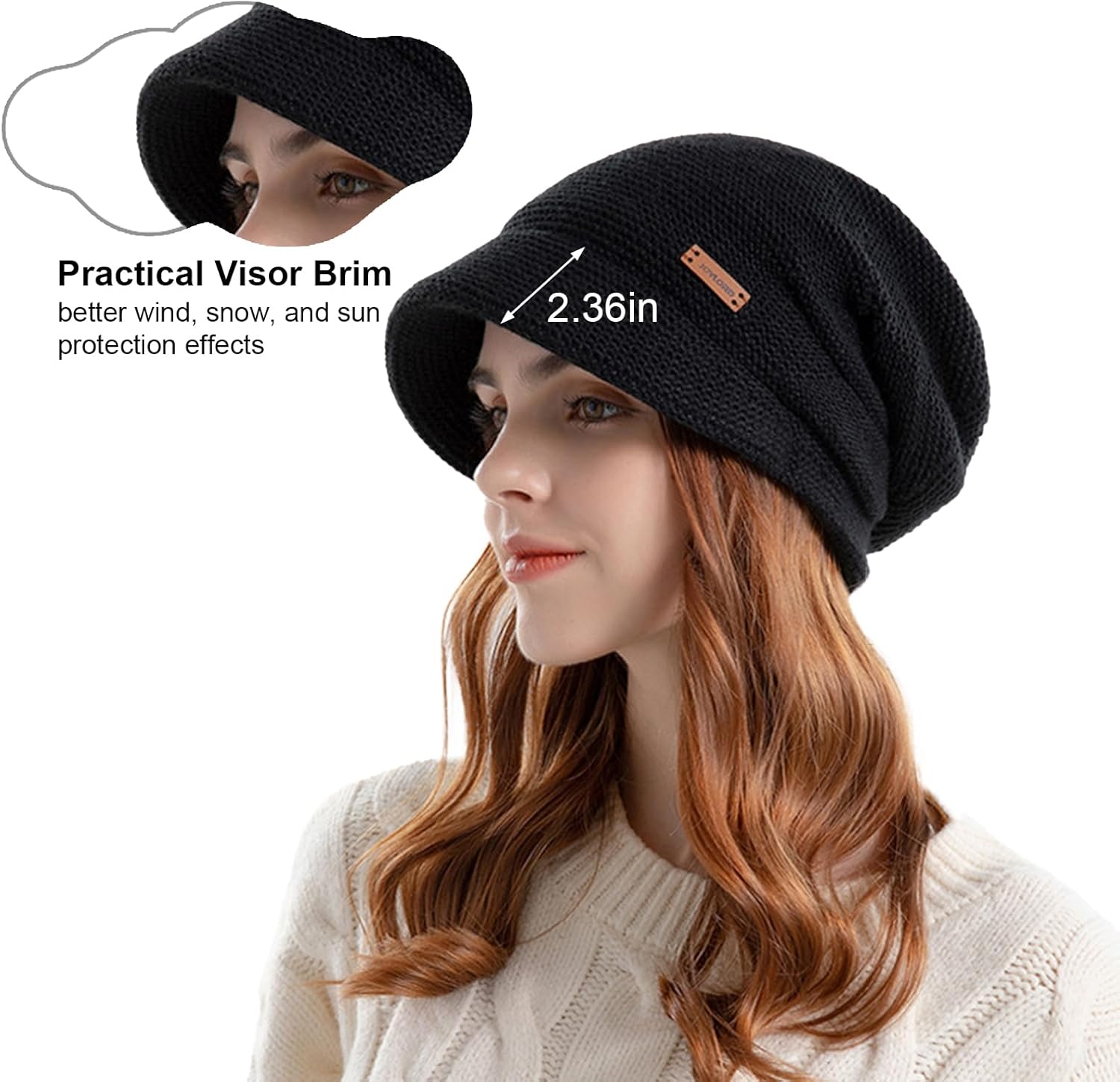 Women Slouchy Knit Hat Winter Warm Fleece Lined Beanie Hat Stretchy Skull Cap with Visor Brim - Image 4