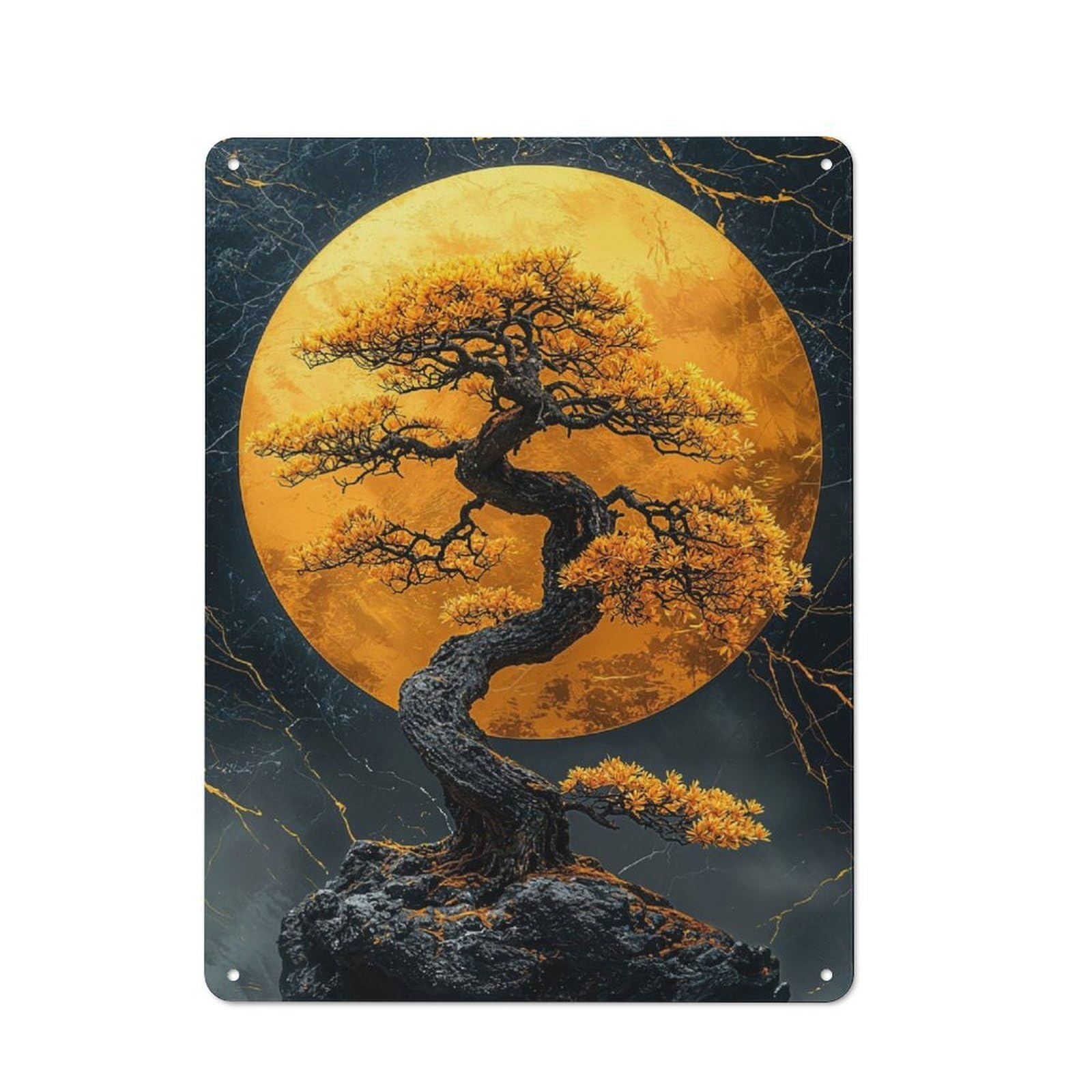 Junmoney Bonsai Tree And Moon Vintage Tin Sign 40X30cm For Guest Room Or Hallway, Suited To Home Decor Collectors