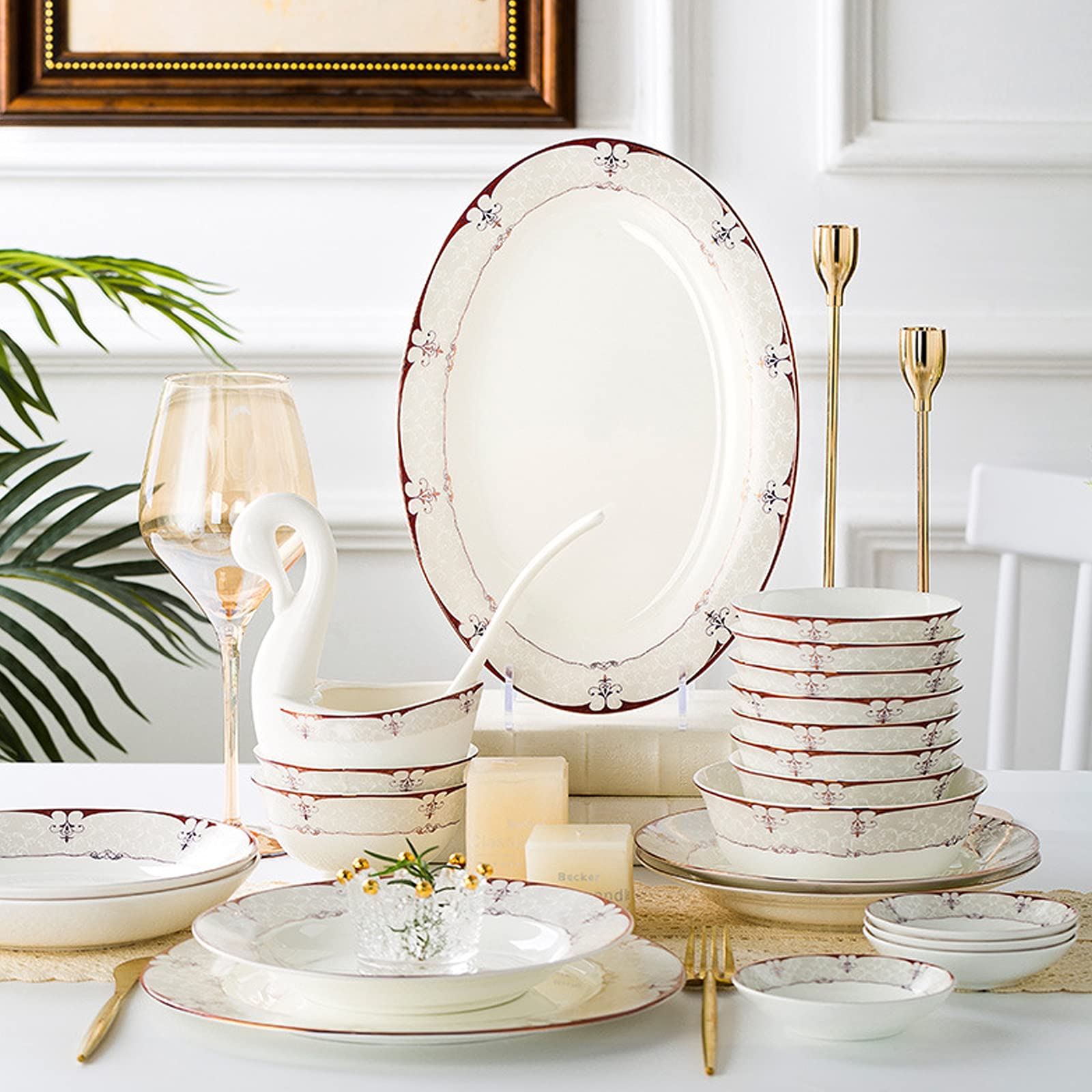 Ensemble de Couverts en Porcelaine Blanche et Bordure dorée avec Assiettes à dîner, Assiettes à Dessert, Assiettes à Soupe et soucoupes pour Cadeaux, Mariage, hôtel, 60 pièces