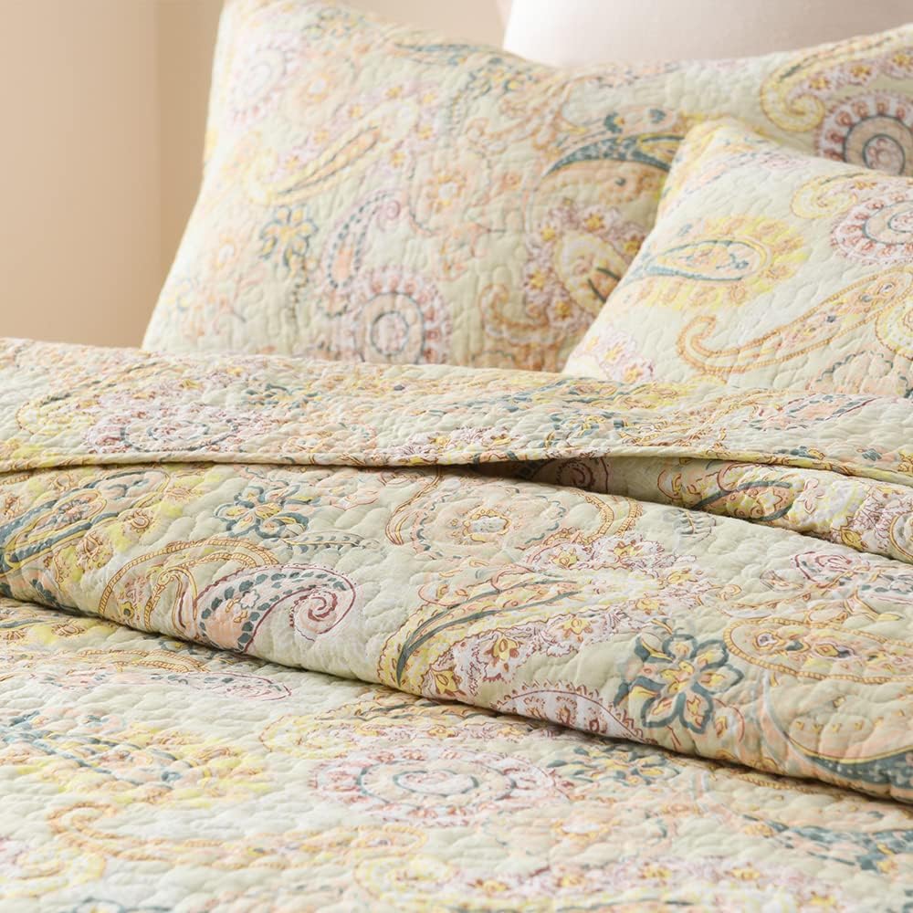 ENASAL Cotton Bedspread Quilt Sets, Reversible Bedding Coverlet Sets Comforter, Floral Paisley Bedspread (Yellow, Queen Size) - Image 3