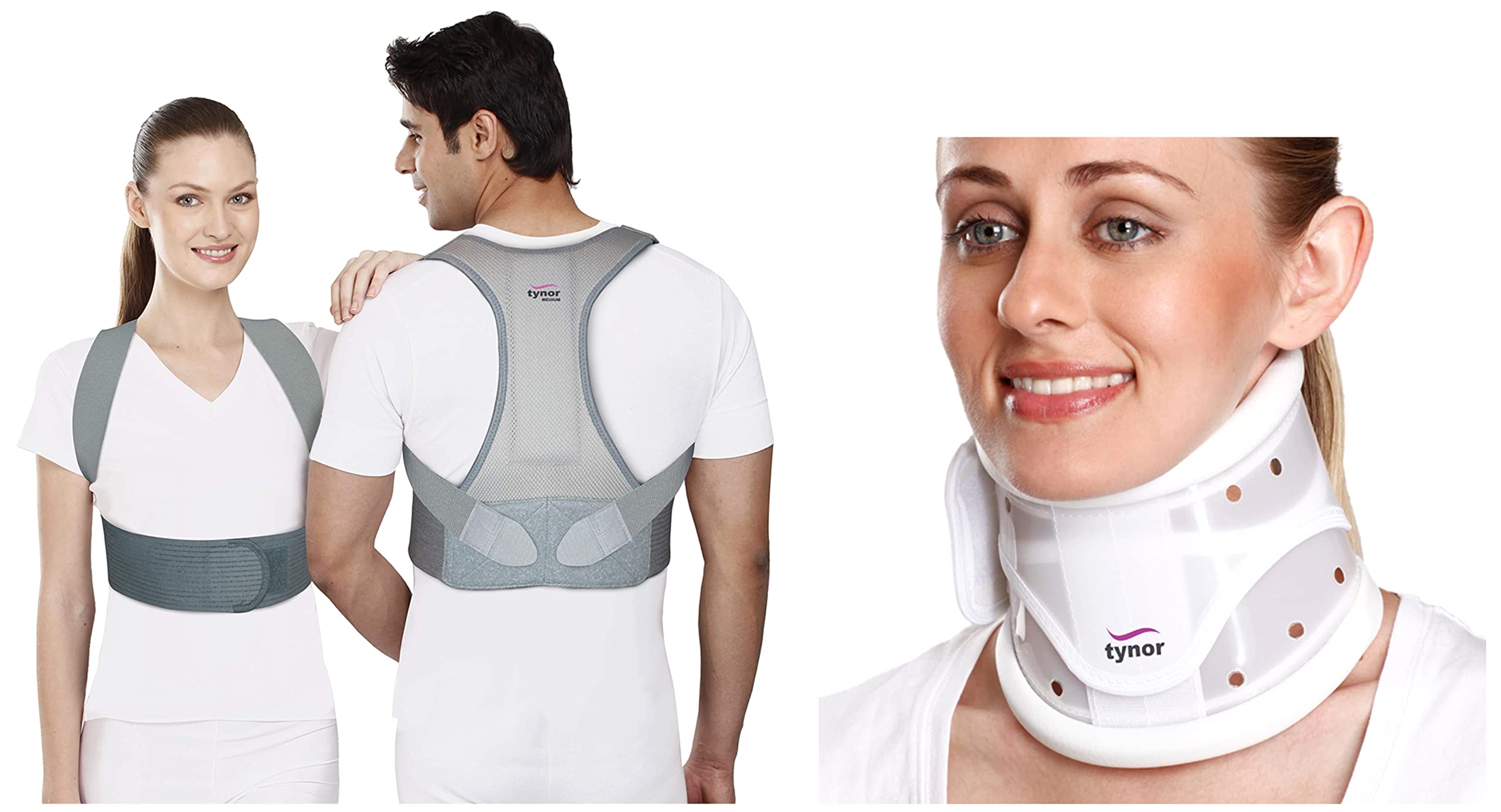 TYNOR Polyester_Blend Posture Corrector, Grey, Medium, 1 Unit Cervical Collar Hard Adjustable, White, Large, 1 Unit
