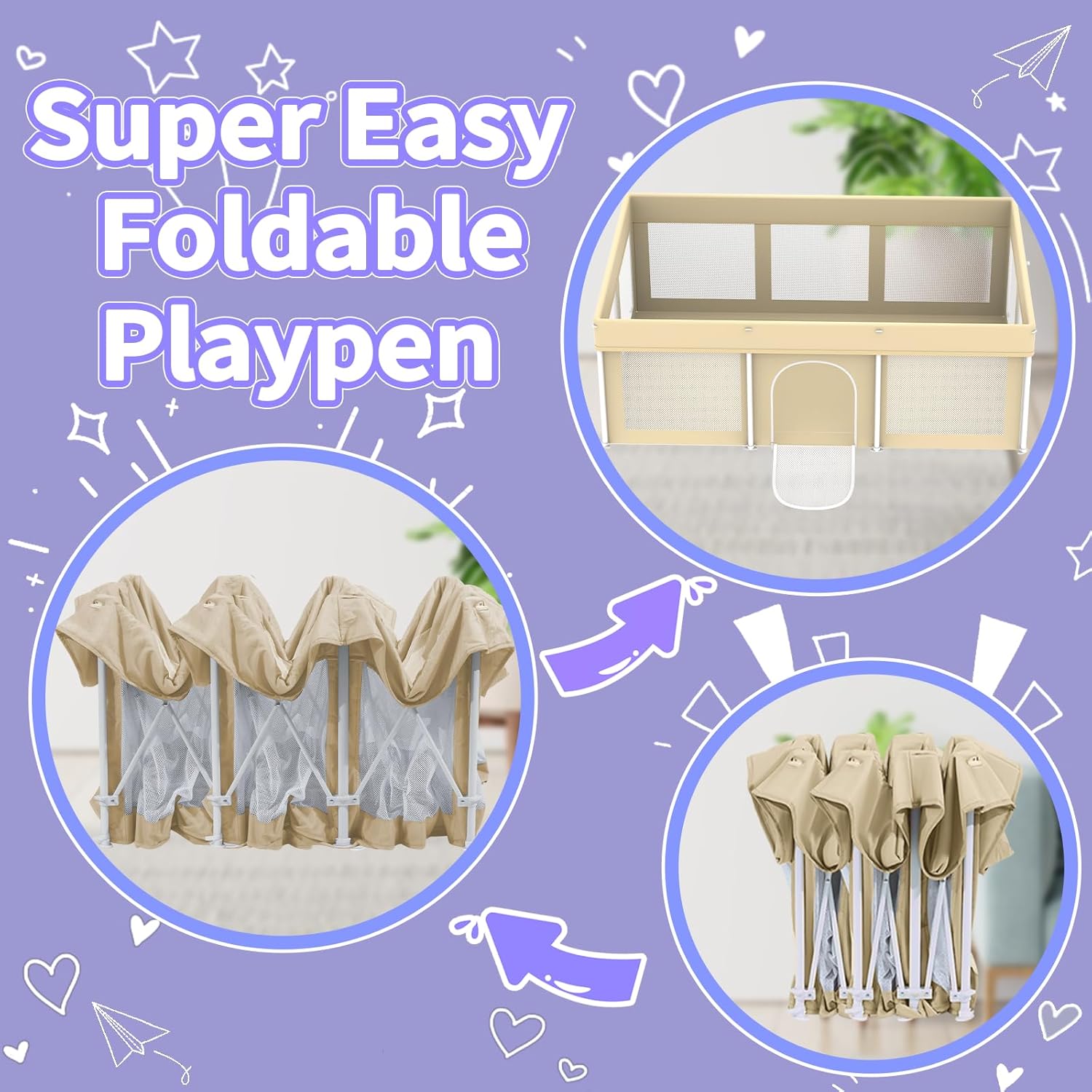 Foldable Playpen for Babies and Toddlers,50"×71" Collapsible Play Pen with 100 Ball Pit Balls, Portable Indoor & Outdoor Play Yard, Baby Fence with Carry Bag, Mat Not Include, Beige