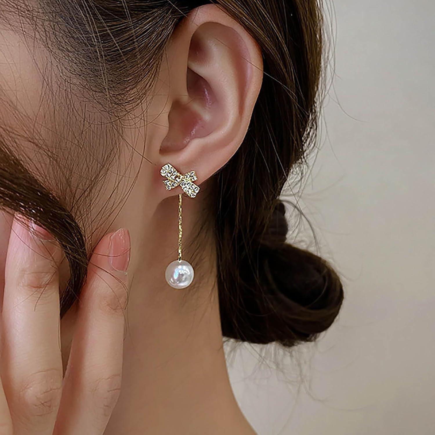 Boho Pearl Drop Jacket Earrings Crystal Bow Earrings Pearl Dangle Earrings Vintage Pearl Bead Earrings Bow Pearl Earrings Jewelry for Women and Teen - Image 5