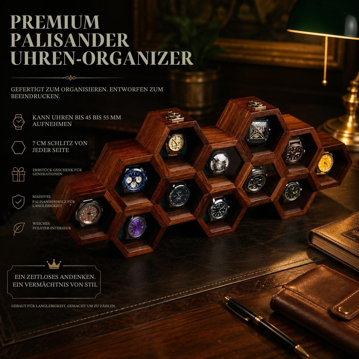 Royal Craft Expertise Premium-Uhren-Vitrine für 12 Uhren – einzigartiges Geburtstagsgeschenk für Männer – 12 Steckplätze indische Palisander Herren-Uhrenbox & Uhrengehäuse