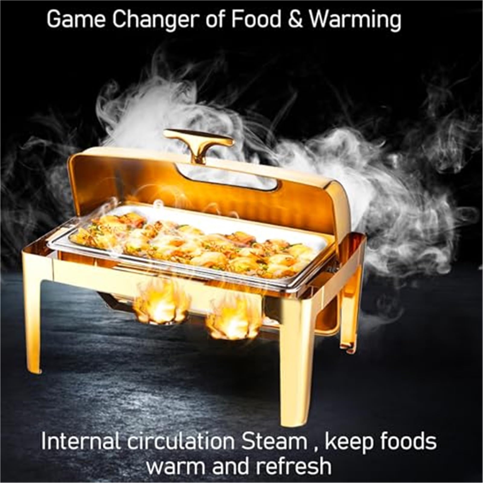 Set da Buffet con scaldavivande da 9 Litri con teglia in Acciaio Inox, teglia per l'acqua, Coperchio, Telaio e bruciatori a combustibile per Catering e Matrimoni.,A-60 * 40 * 47 cm