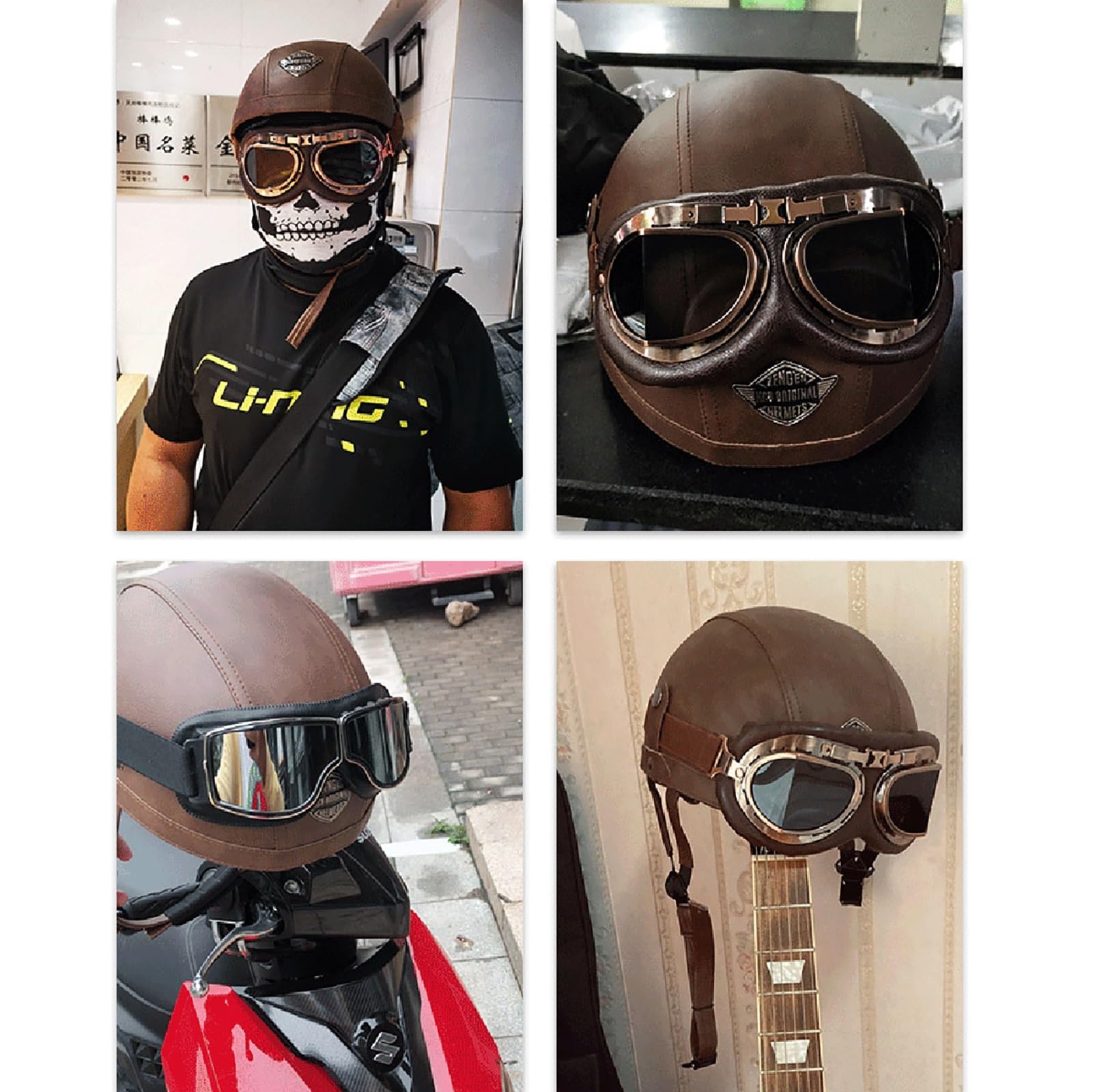 Casque Moto Vintage De Protection en Cuir Bol Homme Homologué ECE Casques Jet avec Lunettes à DéGagement Rapide Scooter