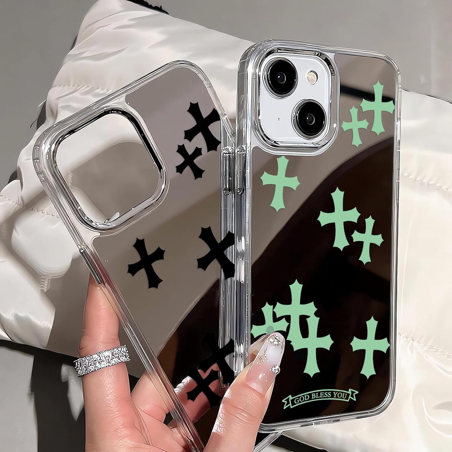 Compatible with iPhone 15 Cute Glossy Mirror Back Case,Black Cross Pattern,Senior Shockproof Protection for iPhone 15 Case for Women Girls - Image 4