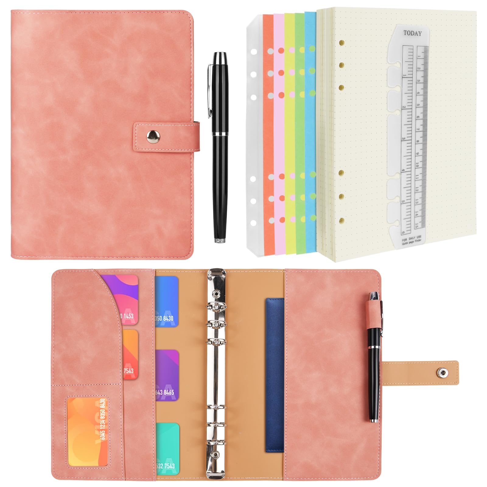 ANOMM A5 Ring Binder Notebook PU Leather Diary, Refillable Notebook with A5 Dot Grid Paper & Inner Pockets & Index Divider