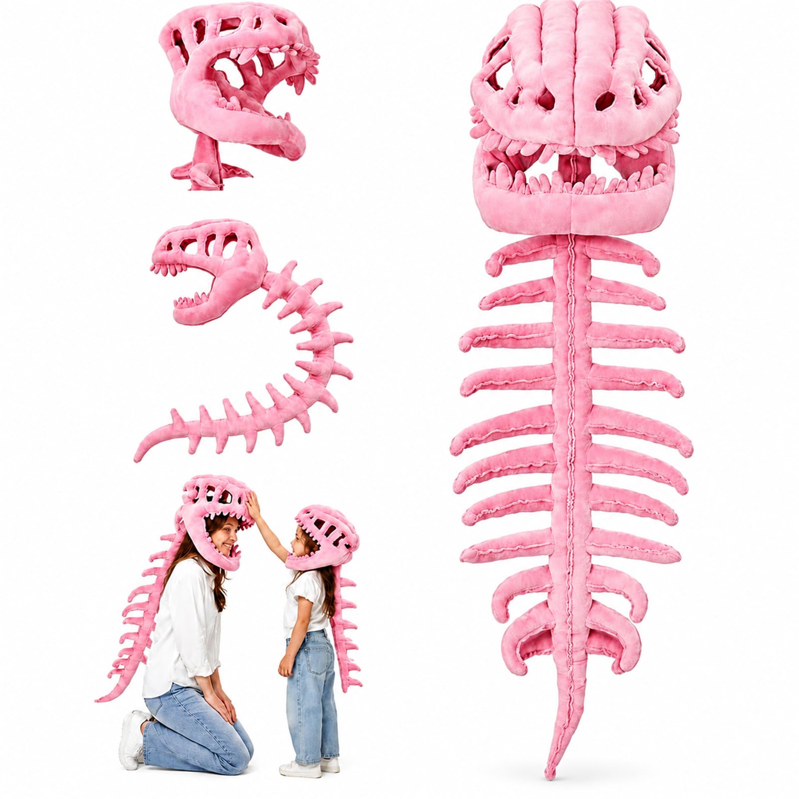 vnarunp Dinosaur Skeleton Costume for Kids, Cozy Plush Dinosaur Outfit with 3D Skull and Bone Details, Comfortable Halloween Cosplay Costume for Toddler Boys Girls, Birthday Gift (Pink,for Adults)