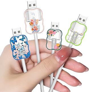 Cute Flower Phone Charger Cable Protector for Samsung Android USB Charger,Butterfly Cherry Blossom Peony Pattern 4 PCS USB Cable Protectors,Phone Cord Protector for Women Girls,USB Charger Saver