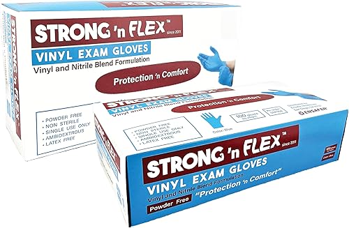 STRONG 'n FLEX Guantes de examen de vinilo súper elásticos de alta calidad, color azul, sin polvo, 5 mil, más gruesos, mayor comodidad, multiusos,