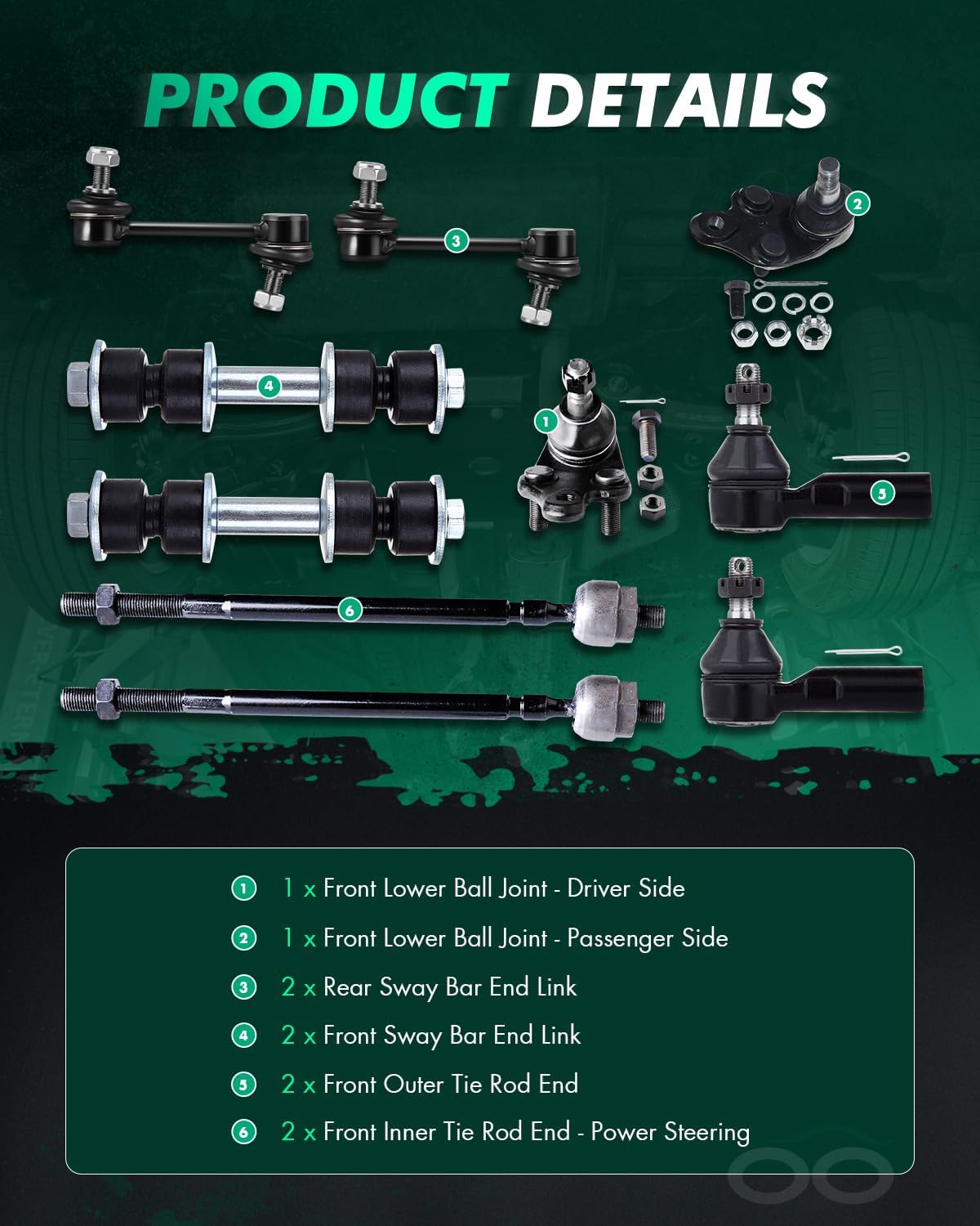 SCITOO 10pcs Suspension Kit Front Inner Outer Tie Rod End Front Rear Sway Bar End Link Front Lower Ball Joint Fit 1988-1992 For Toyota Corolla w/Power Steering Rack Steering