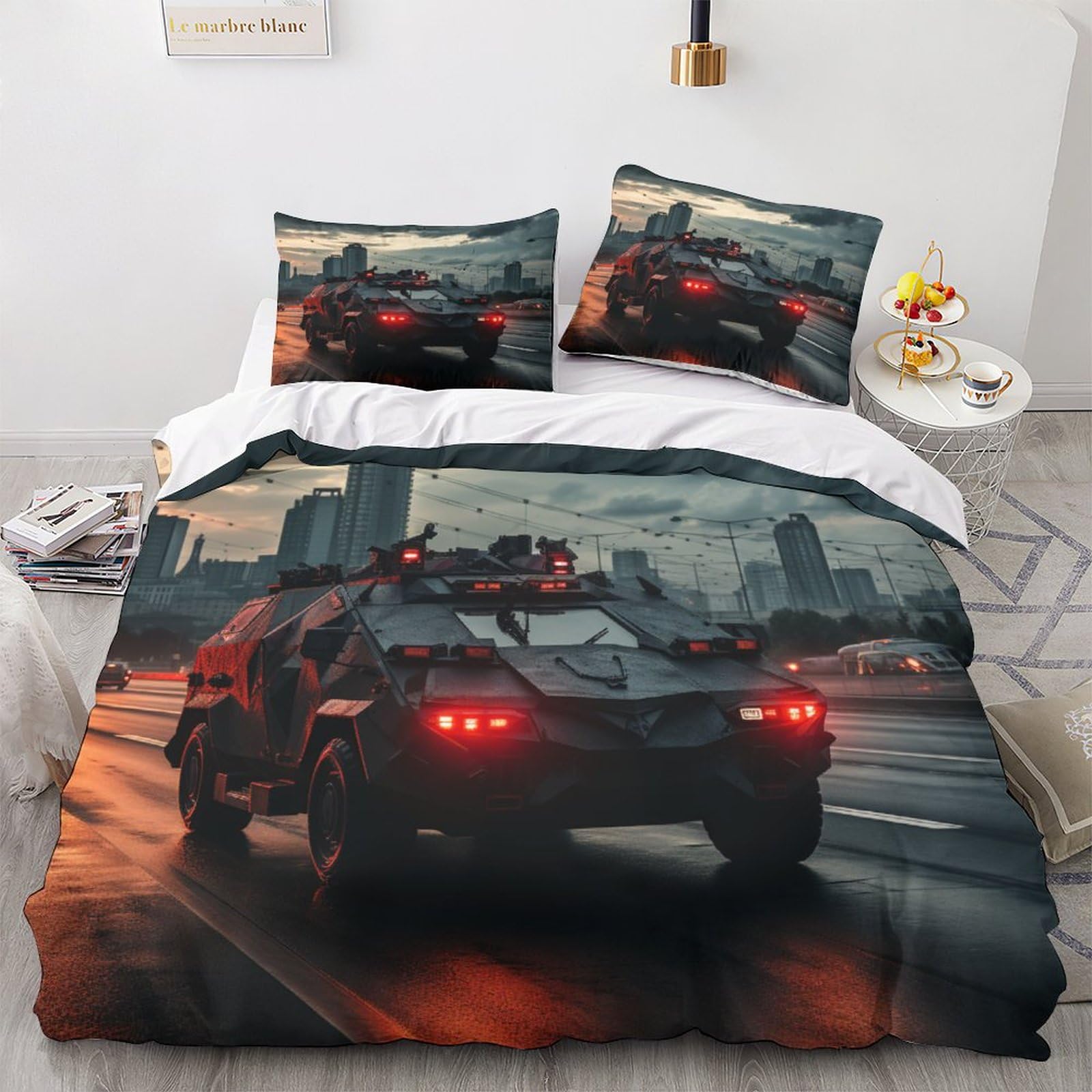 OPSREY Tank Bedding Set Finesse Duvet Cover, Sheet with Pillow Cases Breathable Brushed Microfiber Armoured Comforter Cover with Hidden Zipper, Luxury Quilt Cover Set King（220x240cm）