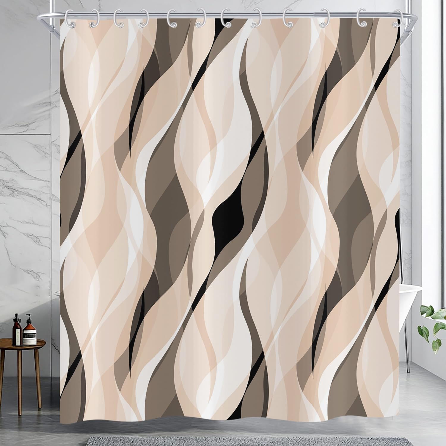 Rideau de baignoire rayé marron pour créer une ambiance spa moderne et chaleureuse chez soi