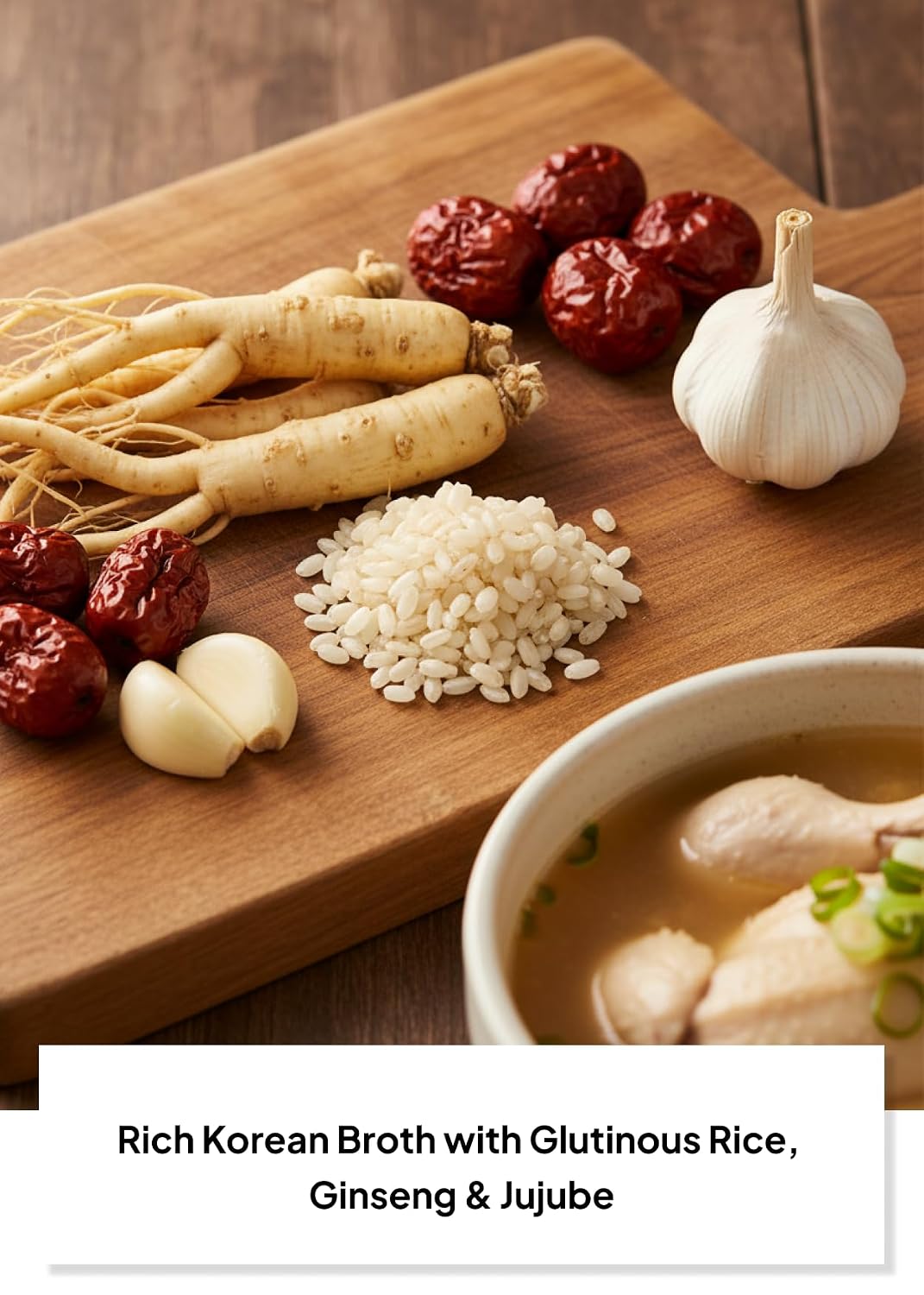 orean  Ginseng Chicen Soup Samgyetang, Jujube, Ready-to-Eat Meal 600g | Ready-to-eat orean-style ginseng chicen soup with rice, ginseng, and jujube in a convenient 600g meal. thumbnail