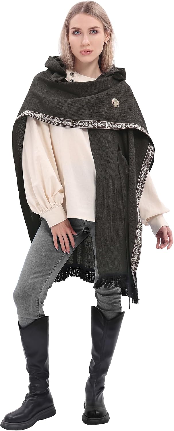 Medieval Hooded Cloak with Belt Tassel Hem Renaissance Cape Vintage Cosplay Costume