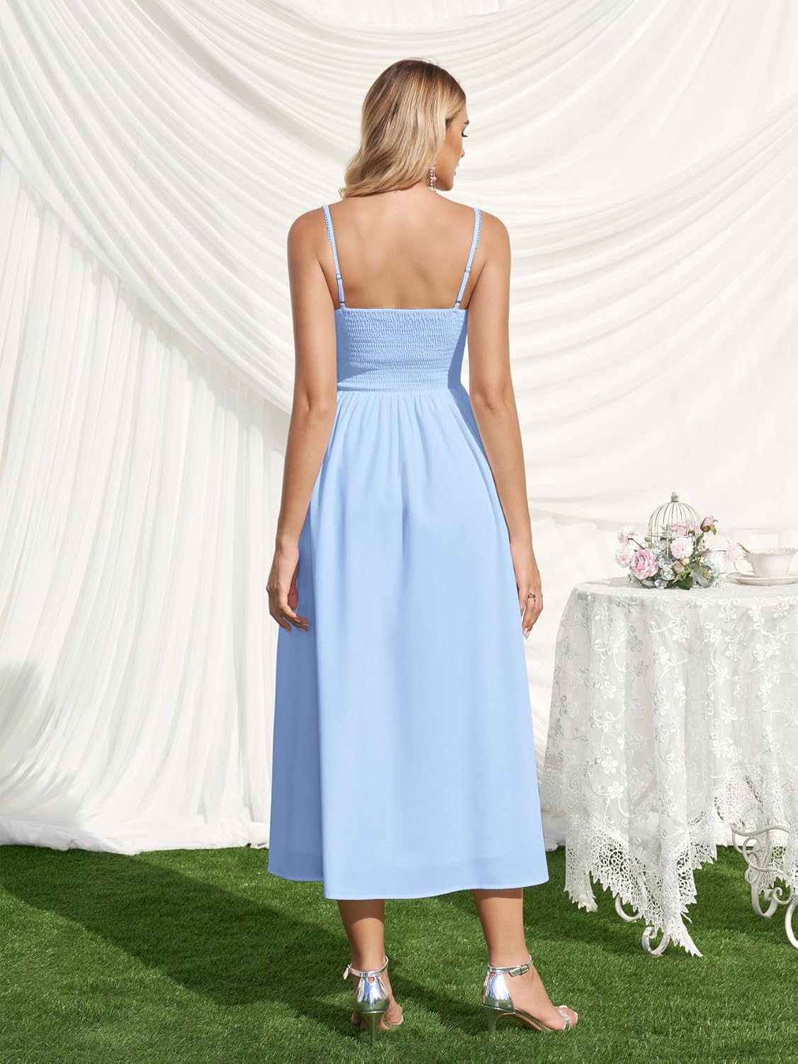 Parthea Summer Floral Corset Midi Dress Lace Spaghetti Straps Flowy A Line Casual Wedding Guest Dresses with Pockets - Image 2