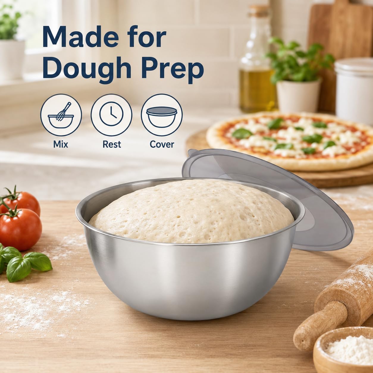 Cuencos de acero inoxidable con tapa, juego de 4 para cocina, pasta y ensalada | Aspecto de metal cepillado, cocina y pastelería, apilable con protección, para reposar masa, preparación y nevera