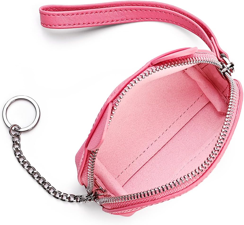 Cute Animal Coin Purse, Genuine Leather Multi‑Color Mini Zipper Wallet with Key Ring, Portable Small Change Pouch for Coins Cards Earbuds, Gift for Women Kids (Pink, Cat)