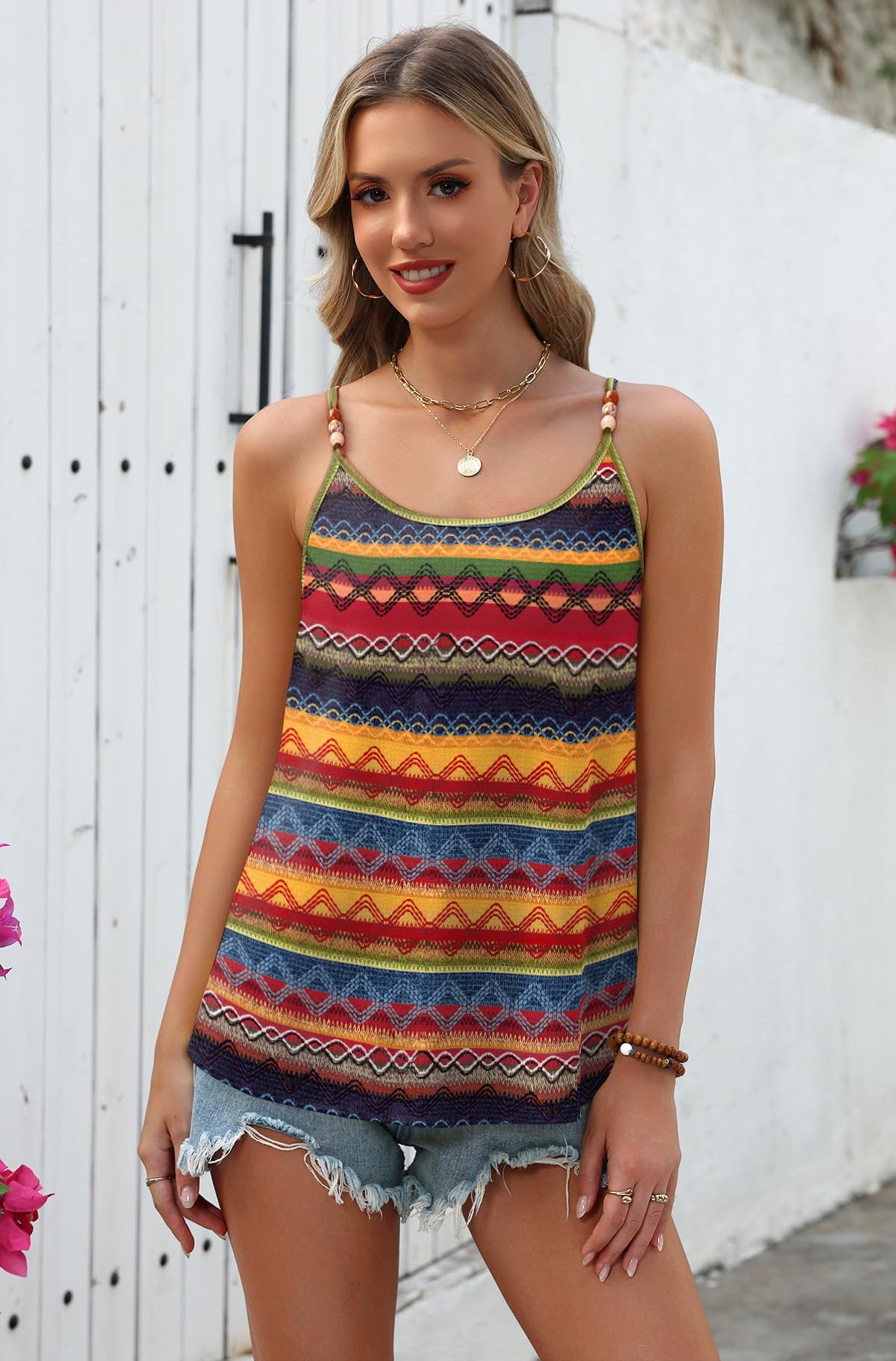 WIHOLL Tank Tops for Women Beaded Spaghetti Strap Cami Flowy Scoop Neck Sleeveless Summer Beach Vacation Spring Clothes — view 3