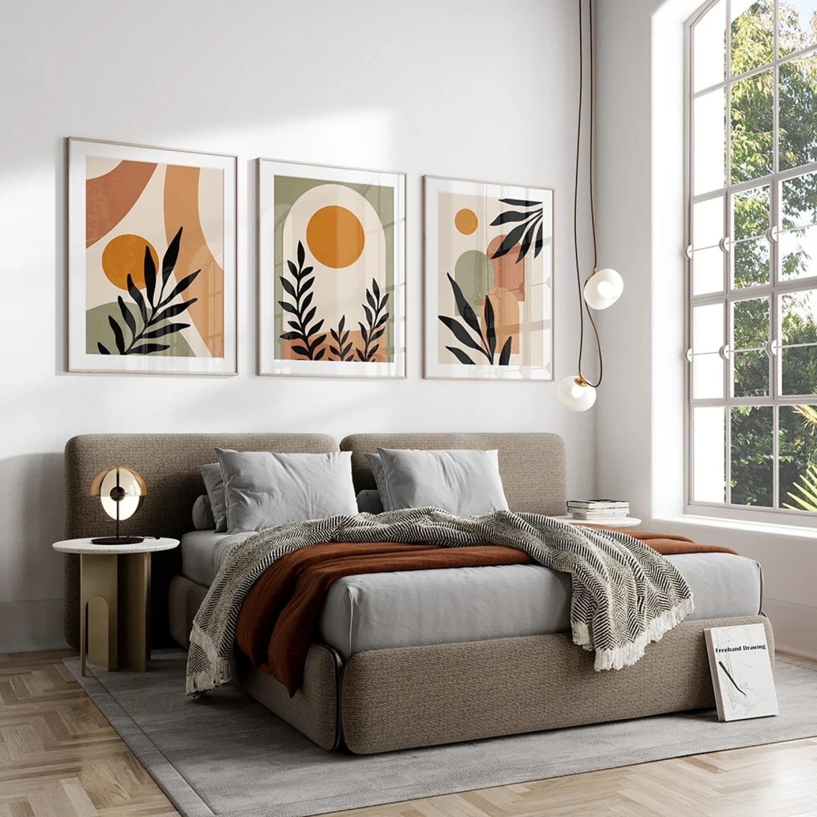 Boho abstracto beige verde terracota hojas geométricas sol carteles lienzo pintura arte de la pared imágenes impresas para la decoración de la sala de estar 20x28in-50x70cmx3 con marco