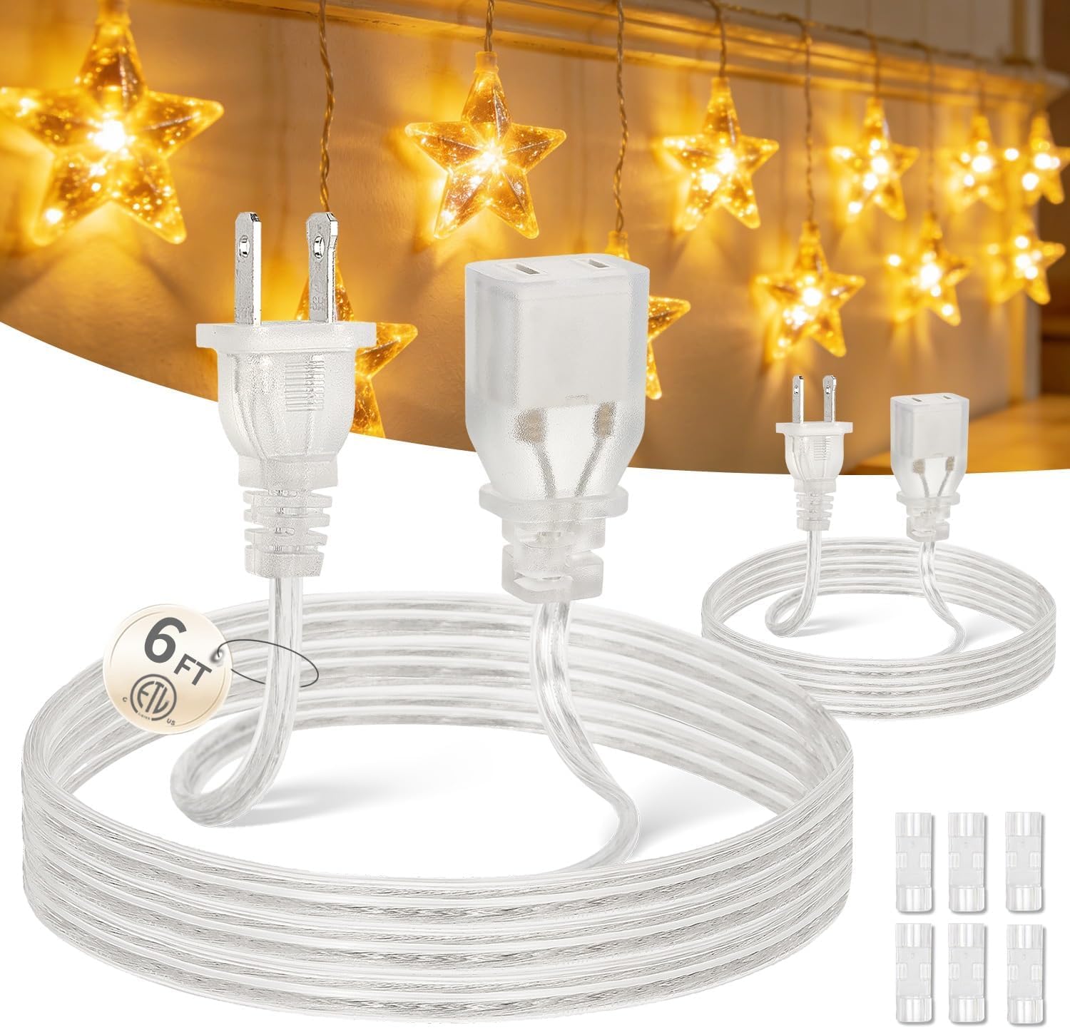 2 Pack Clear Extension Cord 6 Feet,2 Prong Clear Extension Cord Indoor Thin, UL-Certified Power Cable Male to Female for String/Fairy Lights, 2x18 AWG Thin Extension Cords 125V 7A