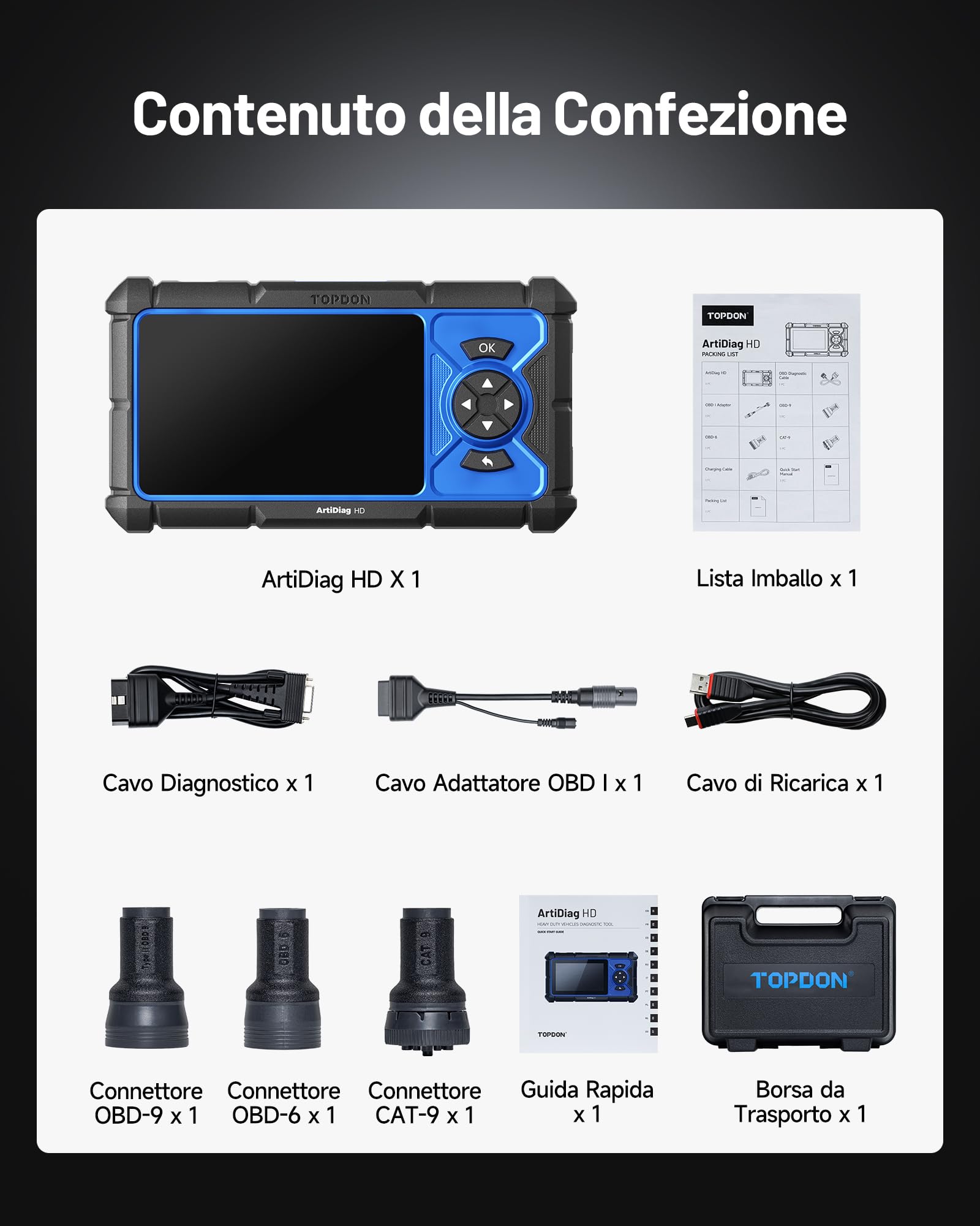 TOPDON ArtiDiag HD Scanner diagnostico camion, Strumento di Diagnostica per camion pesanti & Strumento di Scansione Diesel, 10 Servizi tra cui Rigenerazione DPF, Limitatore di Velocità, OBD/EOBD HD