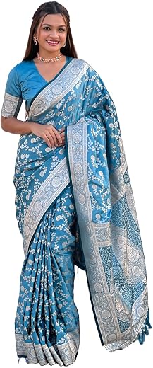 Pandadi Saree Women's Banarasi Silk Saree with Zari Work and Matching Blouse Piece