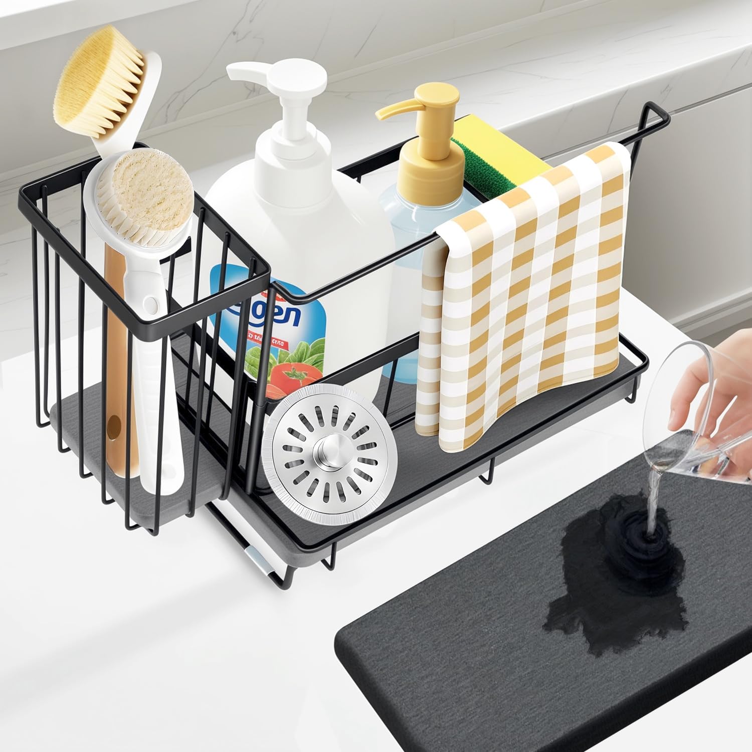 Kitchen Sink Caddy with Instant Drying Stone Sink Sponge Holder Stainless Steel Countertop Organizer Basket for Sponge Scrubbers