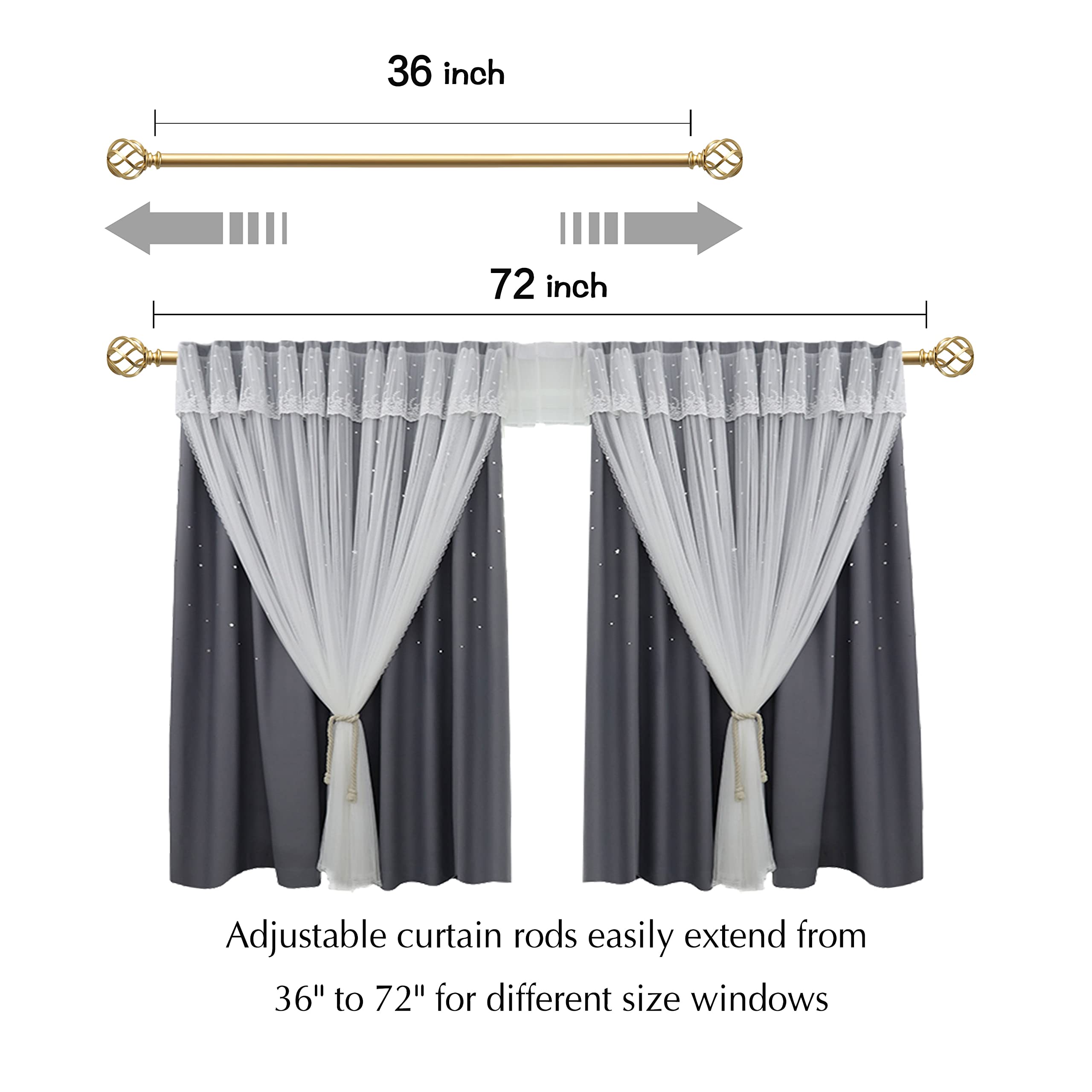 Barra de cortina de ventana con remates de jaula para pájaros, barra individual de 1 pulgada de diámetro, barras de cortina ajustables para 36 a 72 pulgadas (dorado) 3