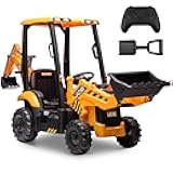 12V JCB Electric Backhoe Loader Toy Car for Kids, Battery Powered Ride on Construction Vehicle Toys w/Front Loader & Excavator, Remote Control, Moving Parts, Adjustable Seat, Soft Start