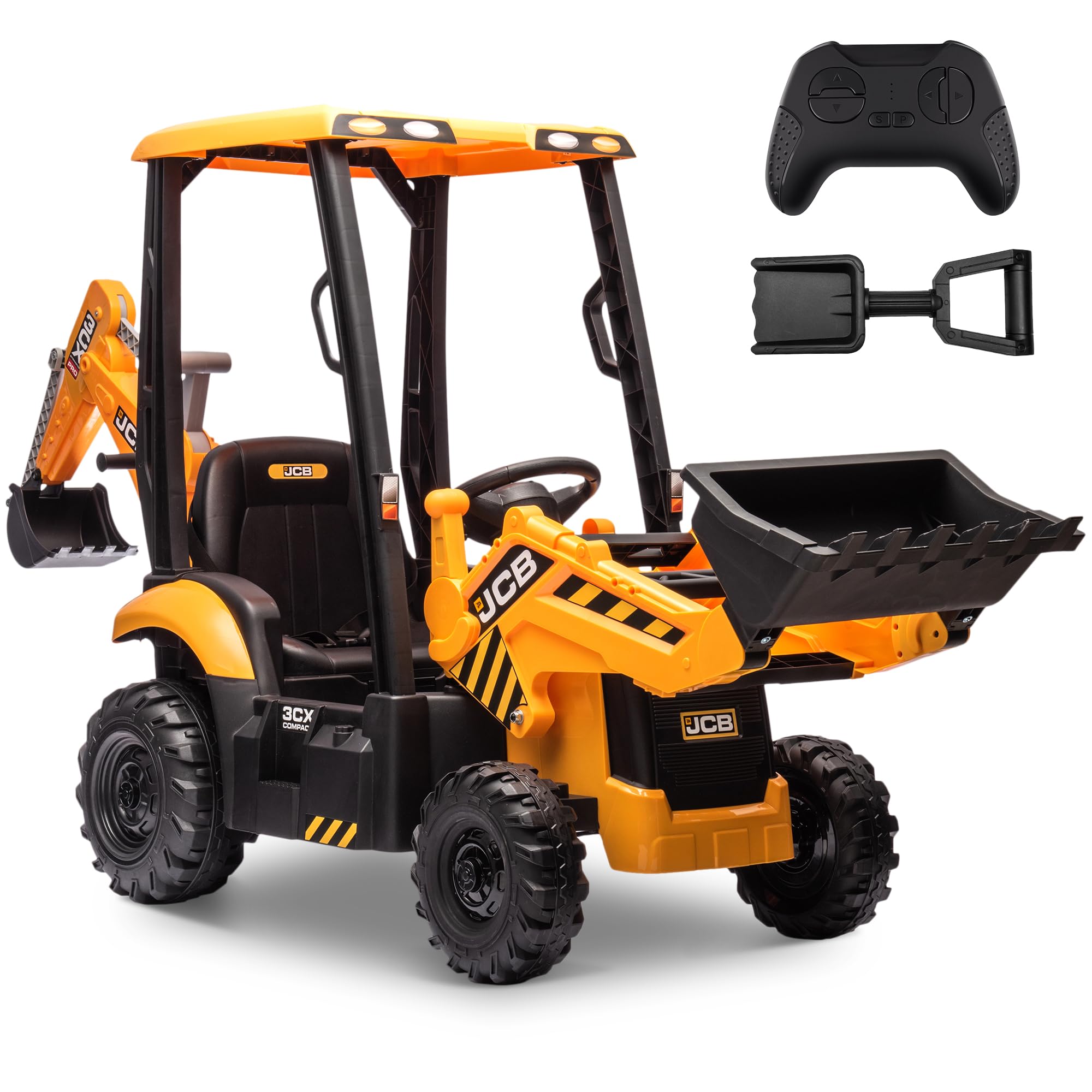 12V JCB Electric Backhoe Loader Toy Car for Kids, Battery Powered Ride on Construction Vehicle Toys w/Front Loader & Excavator, Remote Control, Moving Parts, Adjustable Seat, Soft Start