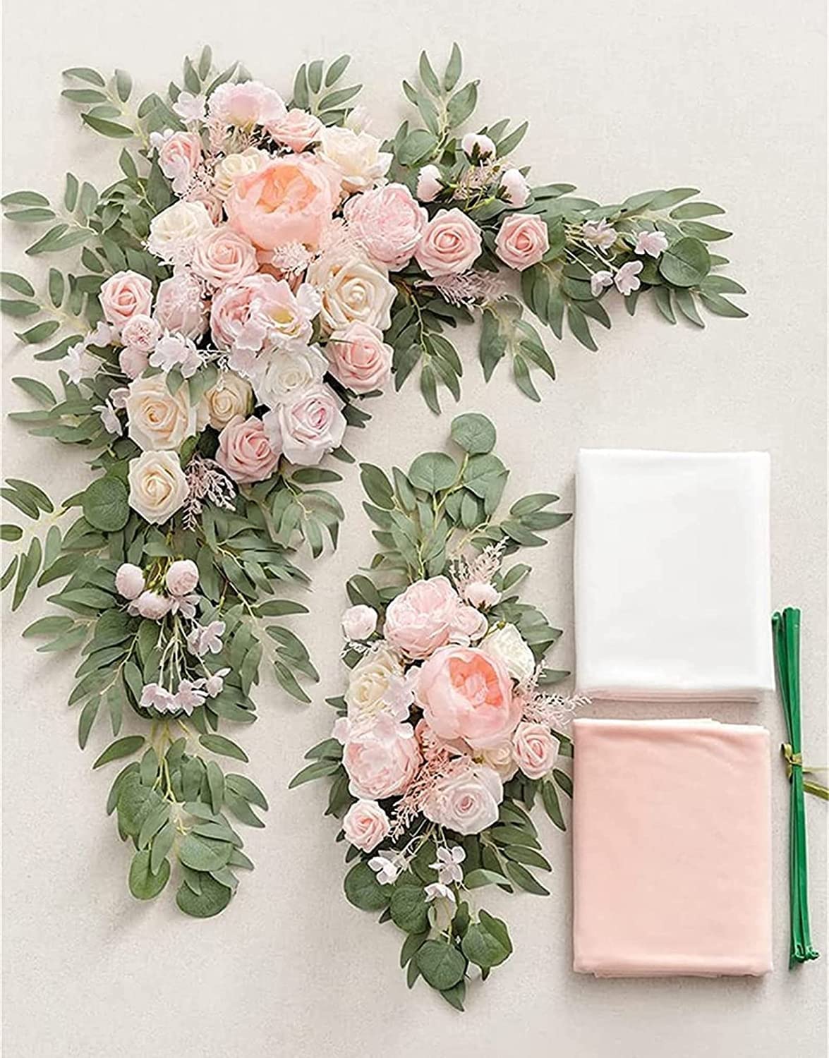 Hochzeitsbogen-Blumen-Set, 2 Stück künstliche Blumenbogen-Dekoration, 2 Stück Chiffon-Stoffvorhänge, Zeremoniendekoration, florale Outdoor-Party-Dekoration(Light Pink)