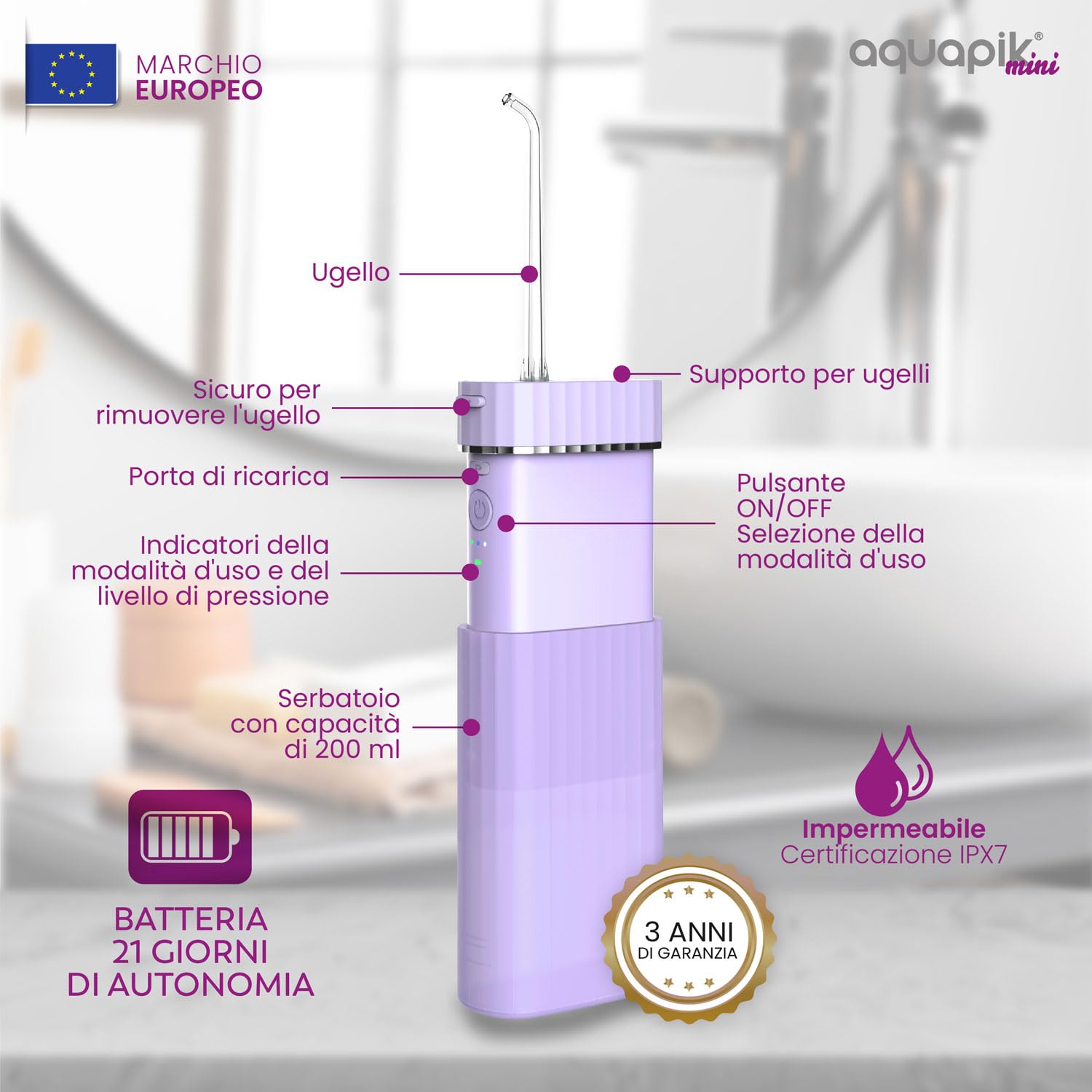 Idropulsore dentale portatile AQmini - 3 modalità, 4 ugelli, serbatoio 200 ml, USB-C, IPX7, compatto per viaggio, ufficio, gengive sensibili