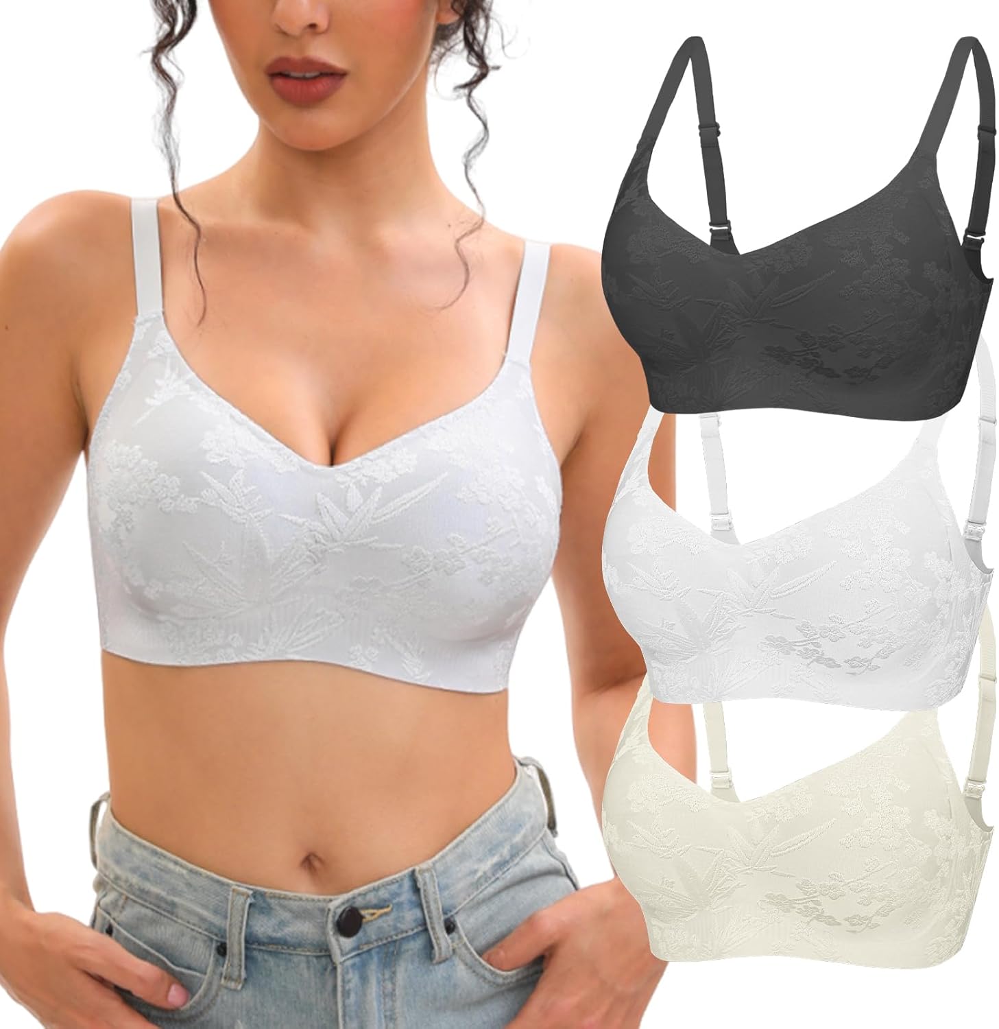 Jasmolly Wireless Jelly Bras for Women 3 Pack Seamless Full Coverage T-Shirt Bra No Underwire, Soft Comfort Everyday Bras