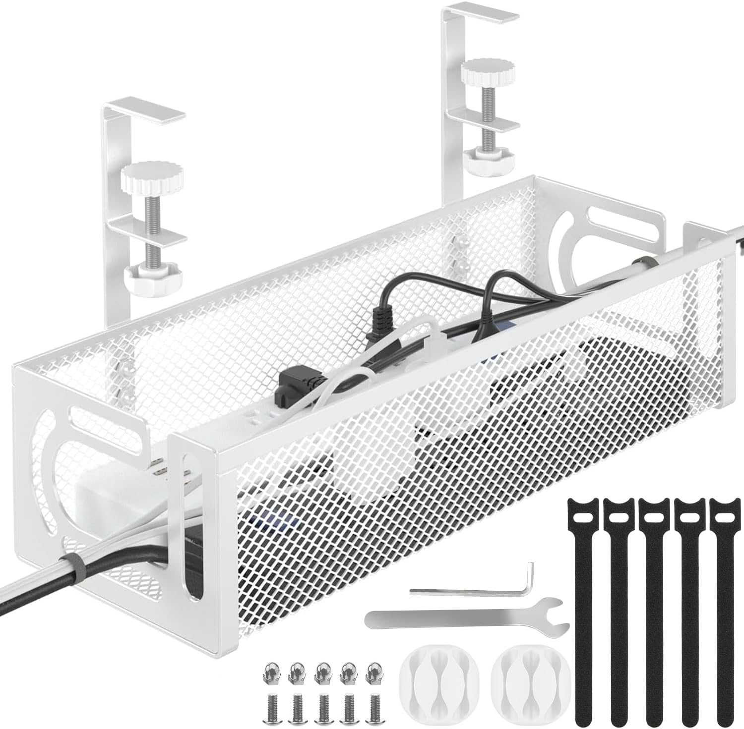 Under Desk Cable Management Tray No Drill, Metal Mesh Cable Management Under Desk with Clamp Mount, Wire Management Tray, Cord Organizer for Home Office, White
