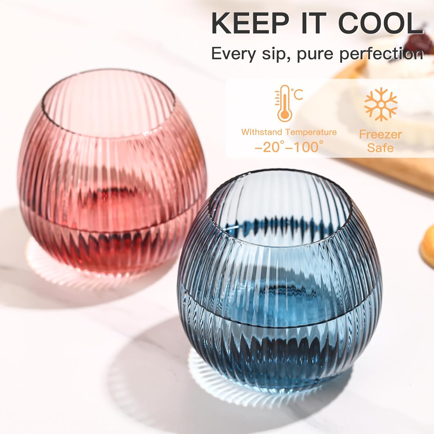 Colored Ribbed Drinking Glasses Set of 6-10.8 OZ Stemless Wine Champagne Whiskey Cocktail Glass, Reusable Wine Cups for Home Party Wedding Bar