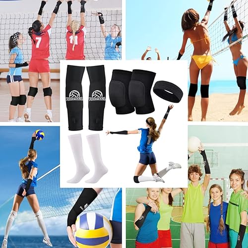Miniatura 7 de Rodilleras de voleibol, mangas para brazos, calcetines y diadema de voleibol, 4 piezas, accesorios de voleibol, mangas para antebrazo para pasar,